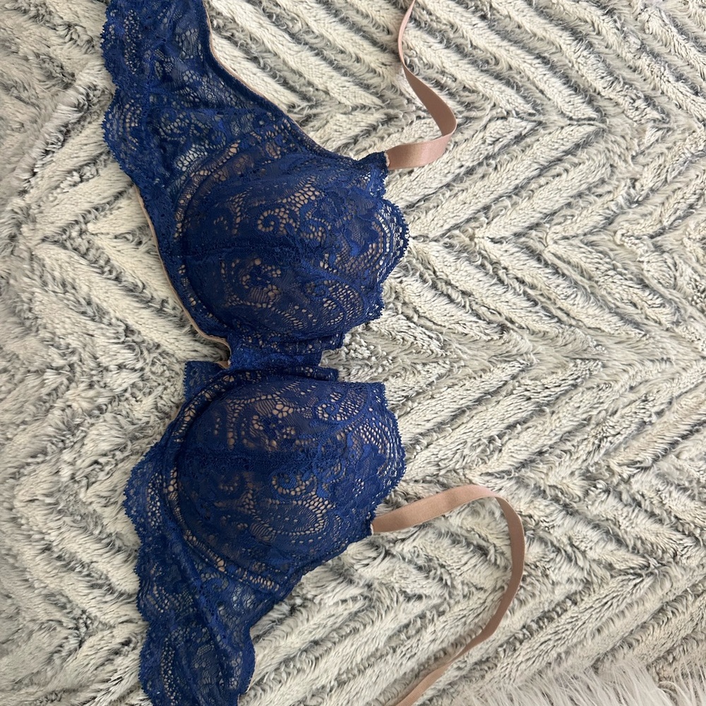 ThirdLove Navy Lace Balconette Bra with Beige Straps